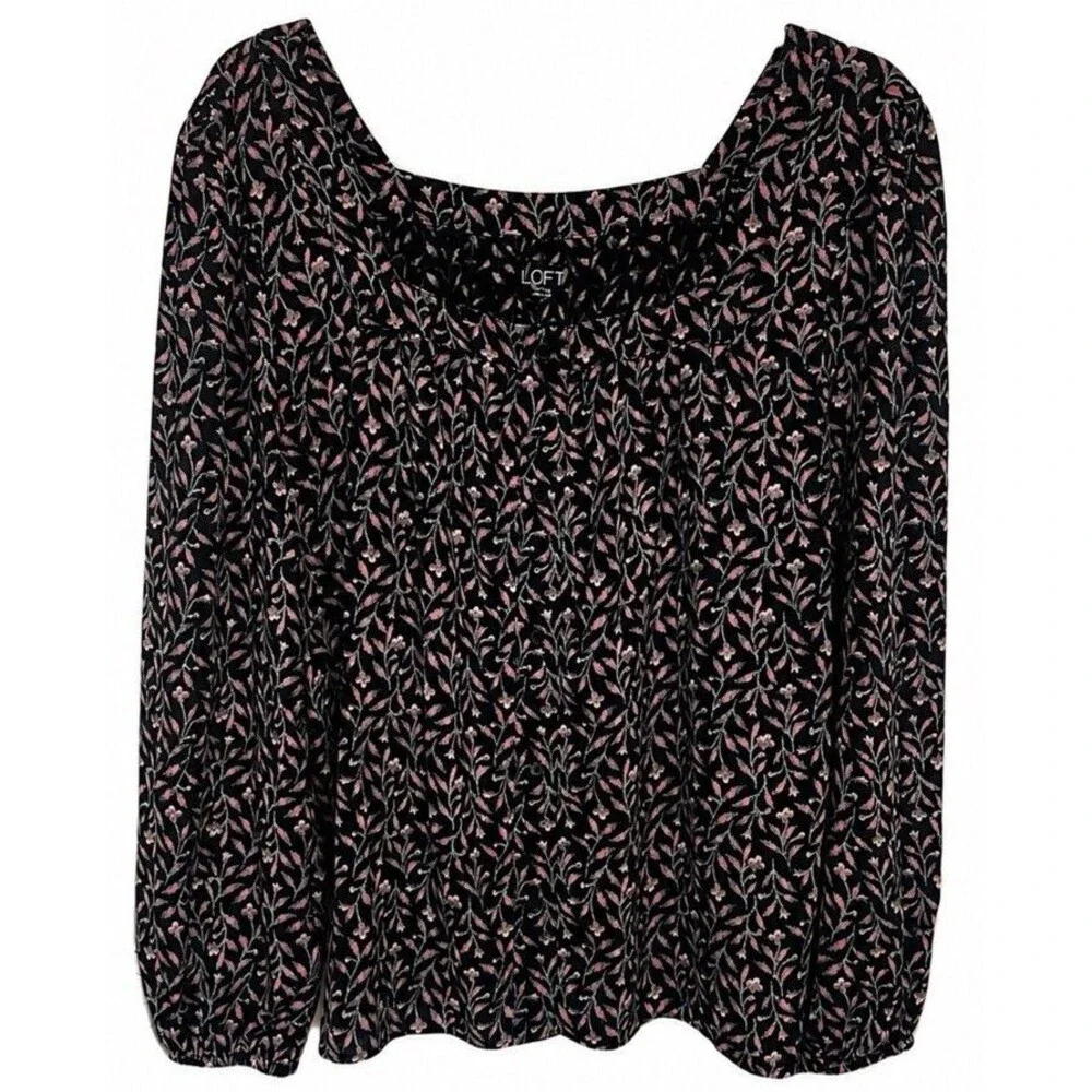 Loft Outlet Blouse Women’s M Black Pink Floral Square Neck Puff Sleeve Romantic